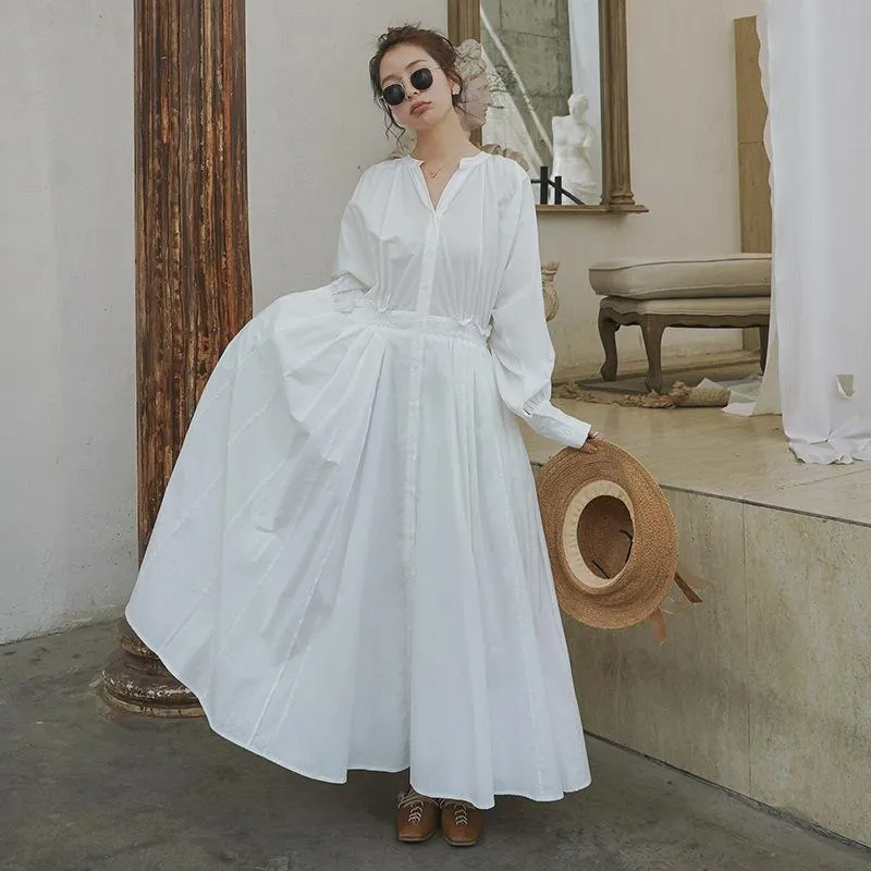 White Long Sleeves Fall Long Maxi Dresses