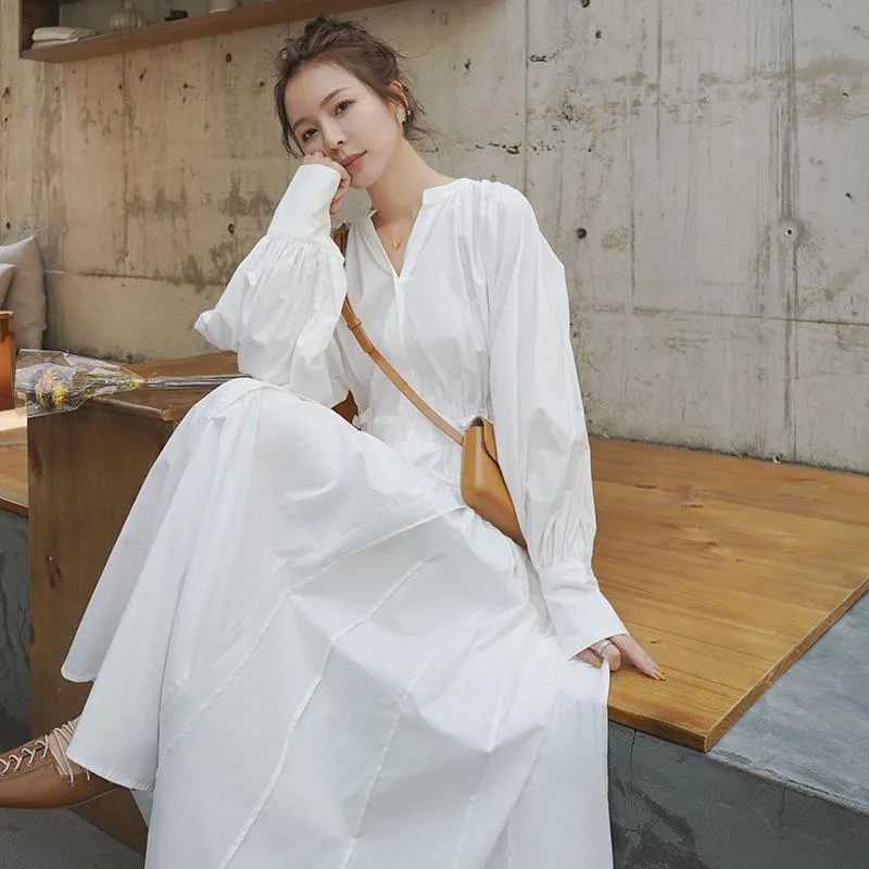 White Long Sleeves Fall Long Maxi Dresses