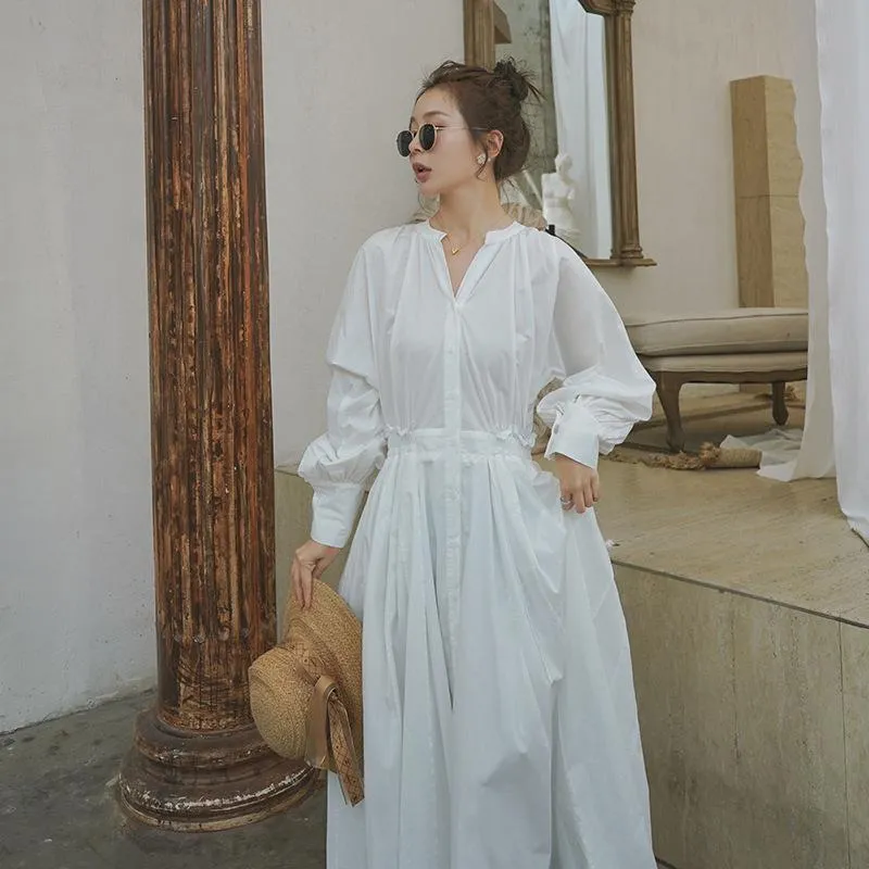 White Long Sleeves Fall Long Maxi Dresses