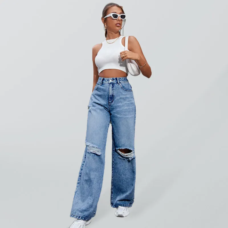 Women's Ripped High Waist Wide Leg Jeans